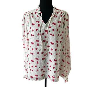 Joie Women’s Cherry Chiffon Ruffle Blouse Cream Red Size Large Career Workwear